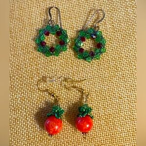 Handmade Beaded Christmas Earrings Lot Wreath & Ornament Dangle Earrings